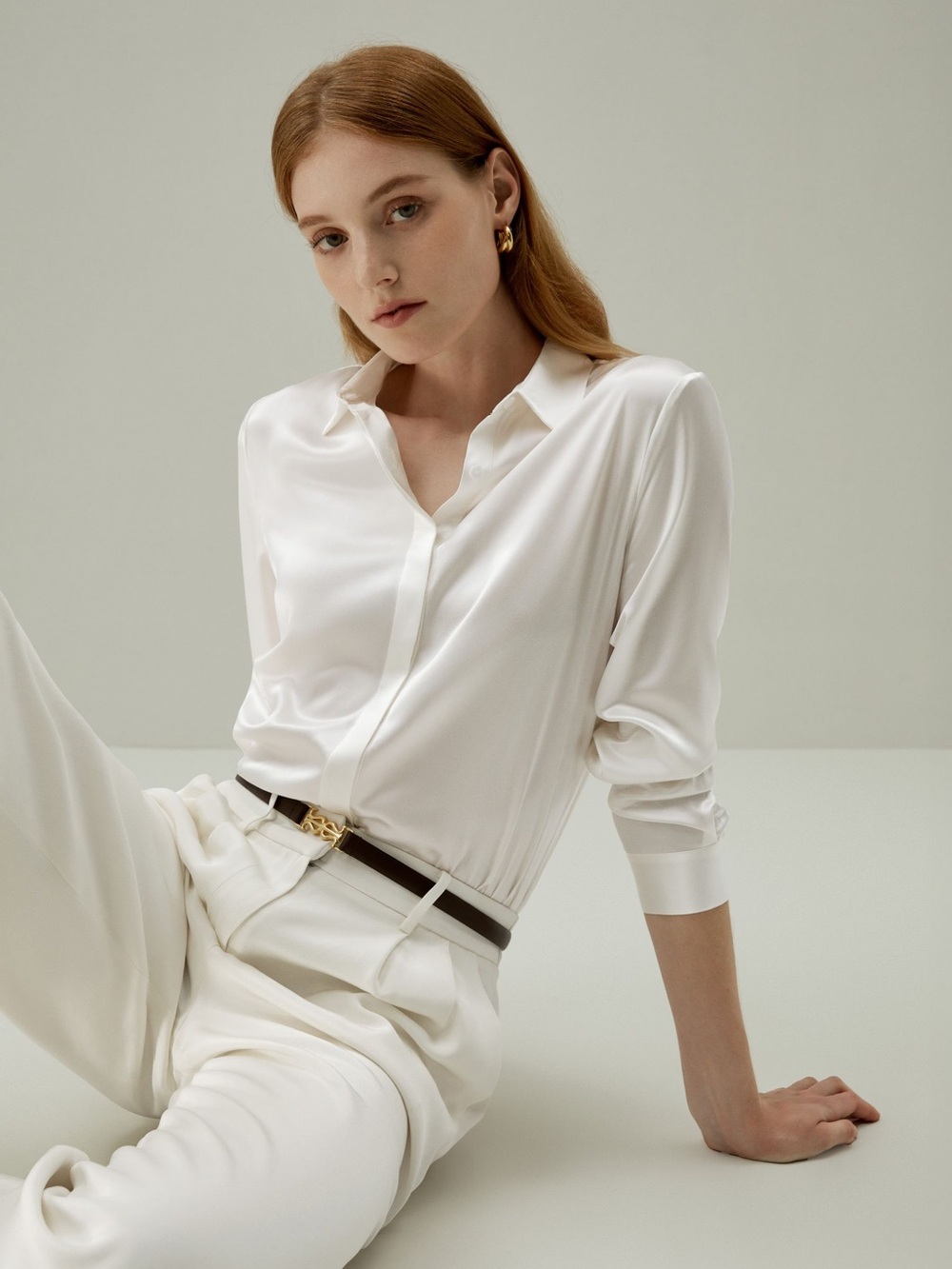 Basic Concealed Placket Silk Shirt - Natural White 100% silk